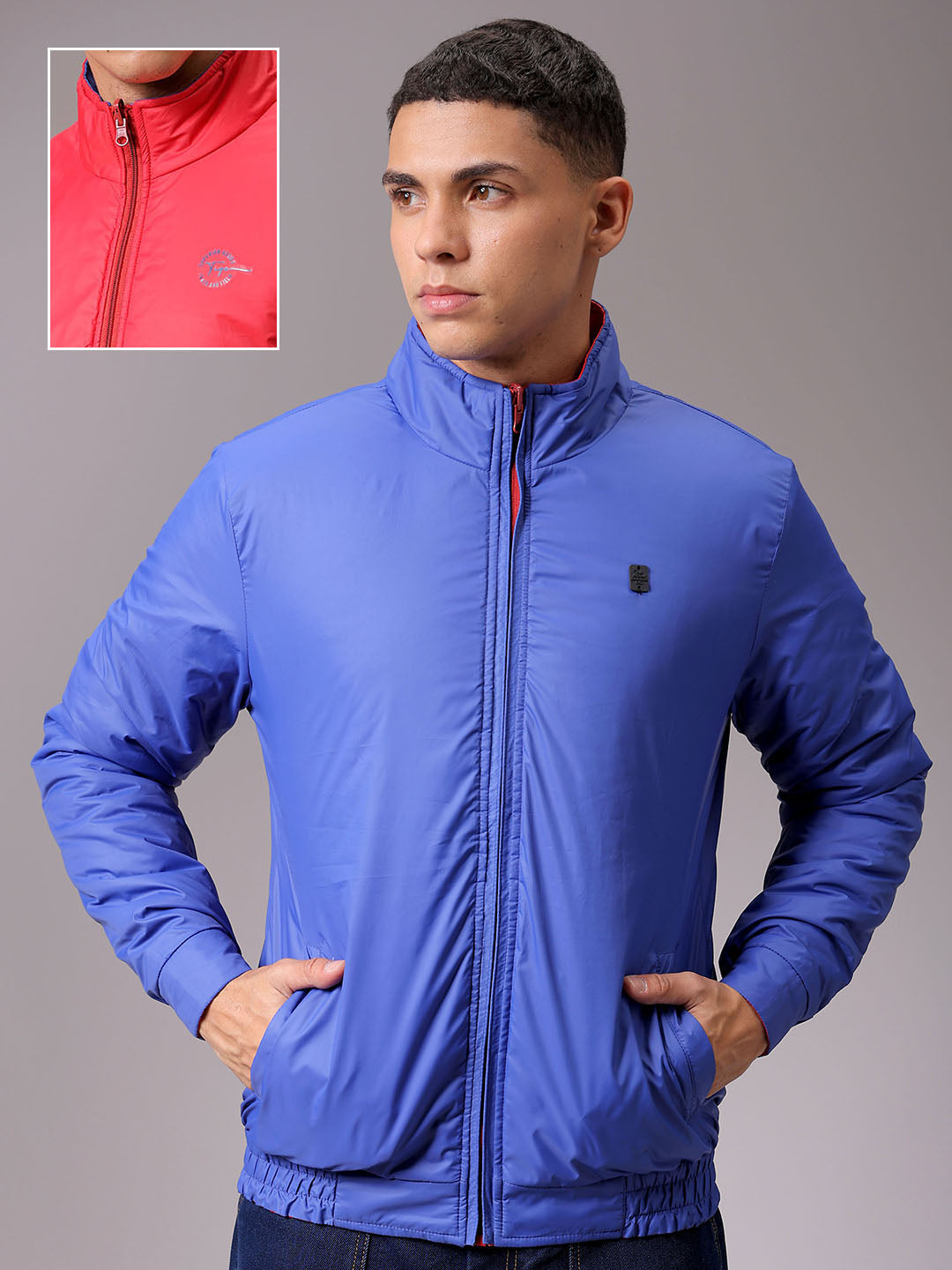 Men's Blue Slim Fit Solid Reversible Jacket