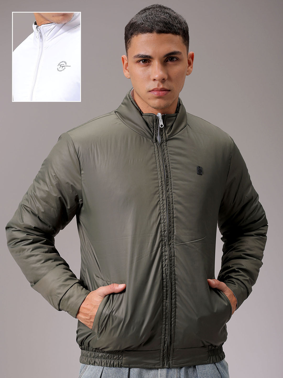 Men's White Slim Fit Solid Reversible Jacket