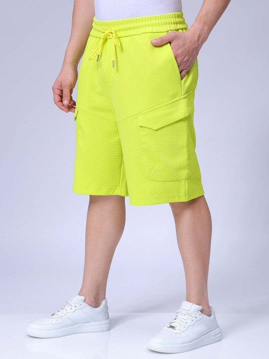 Men's Cyber Lime Relaxed Fit Textured Utility Shorts