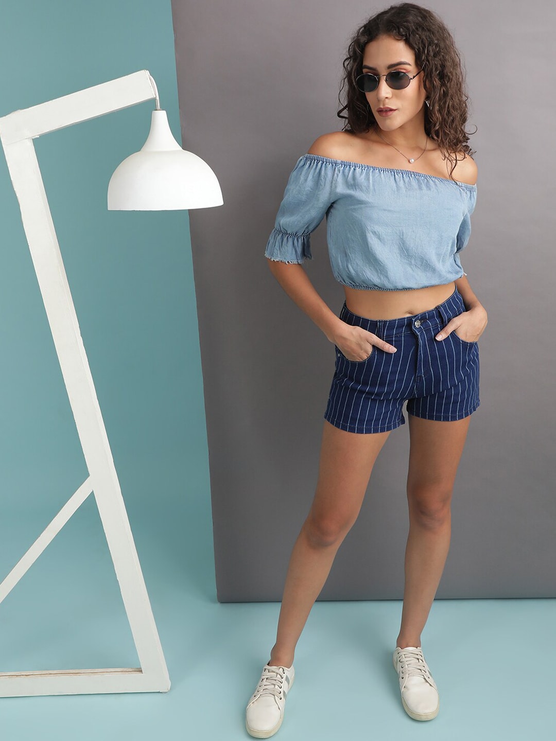 Shop Women Laser Striped Denim Shorts Online.