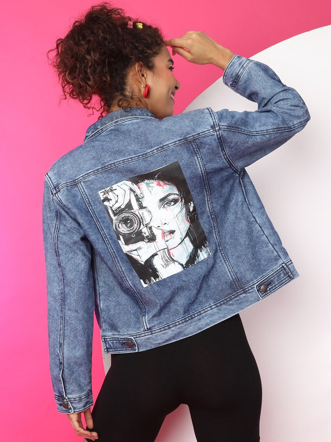 Shop Women Back Printed Denim Jacket Online.