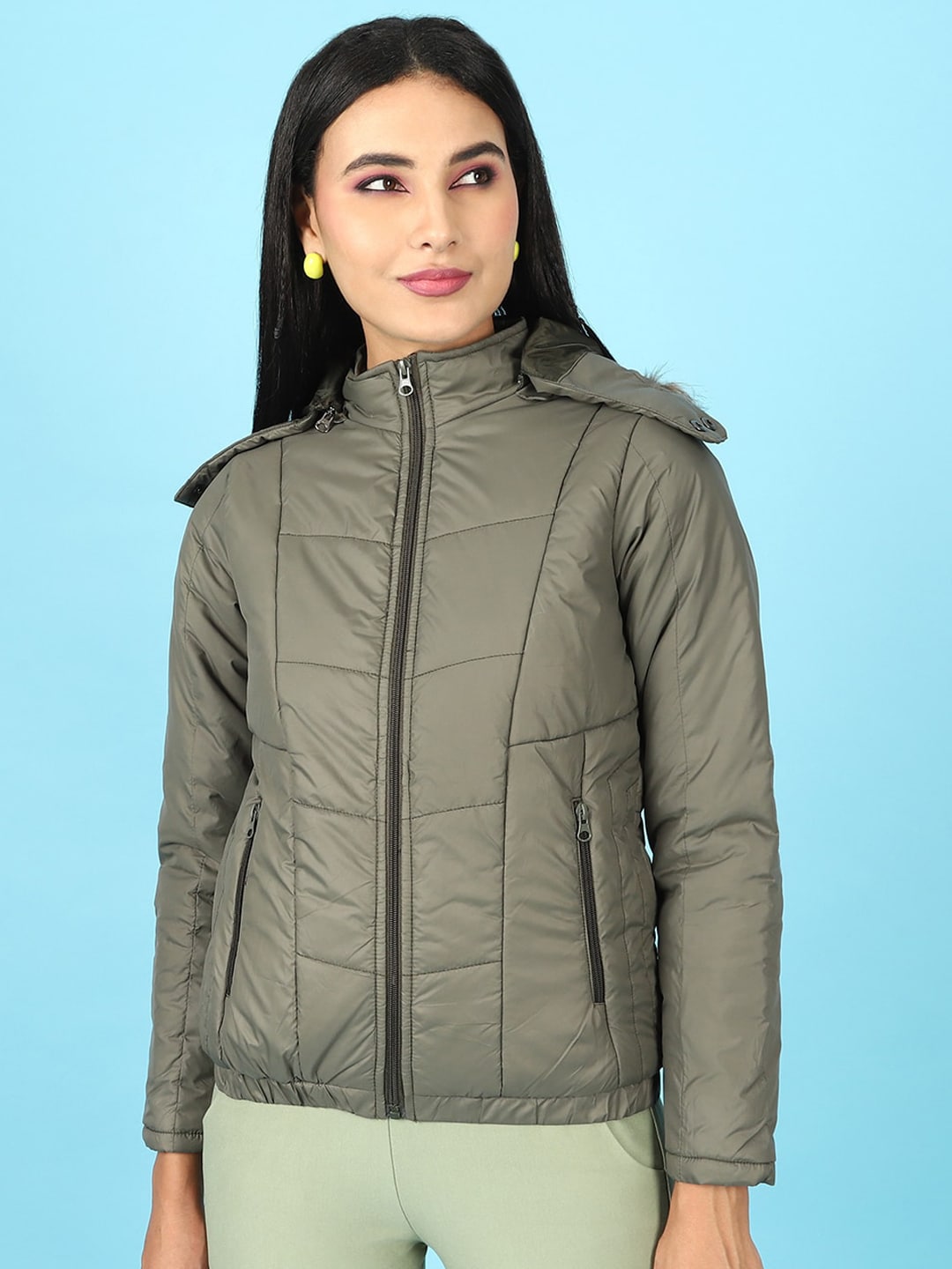 Shop Women Quilted Hooded Jacket With Faux Fur Online.