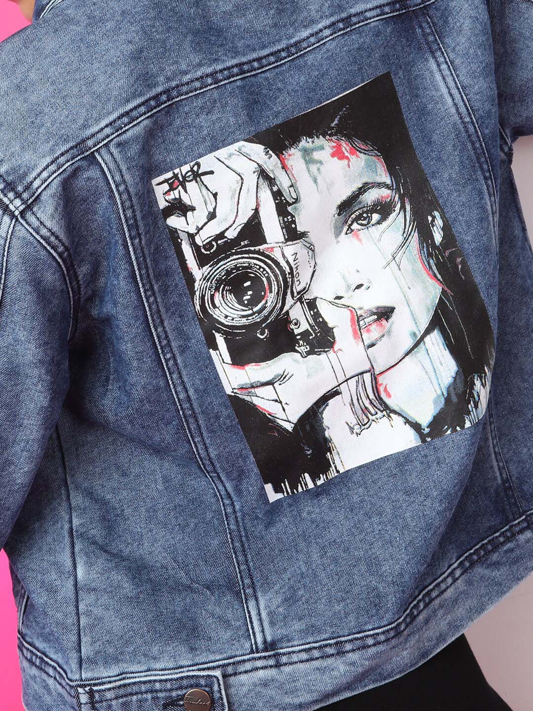 Shop Women Back Printed Denim Jacket Online.