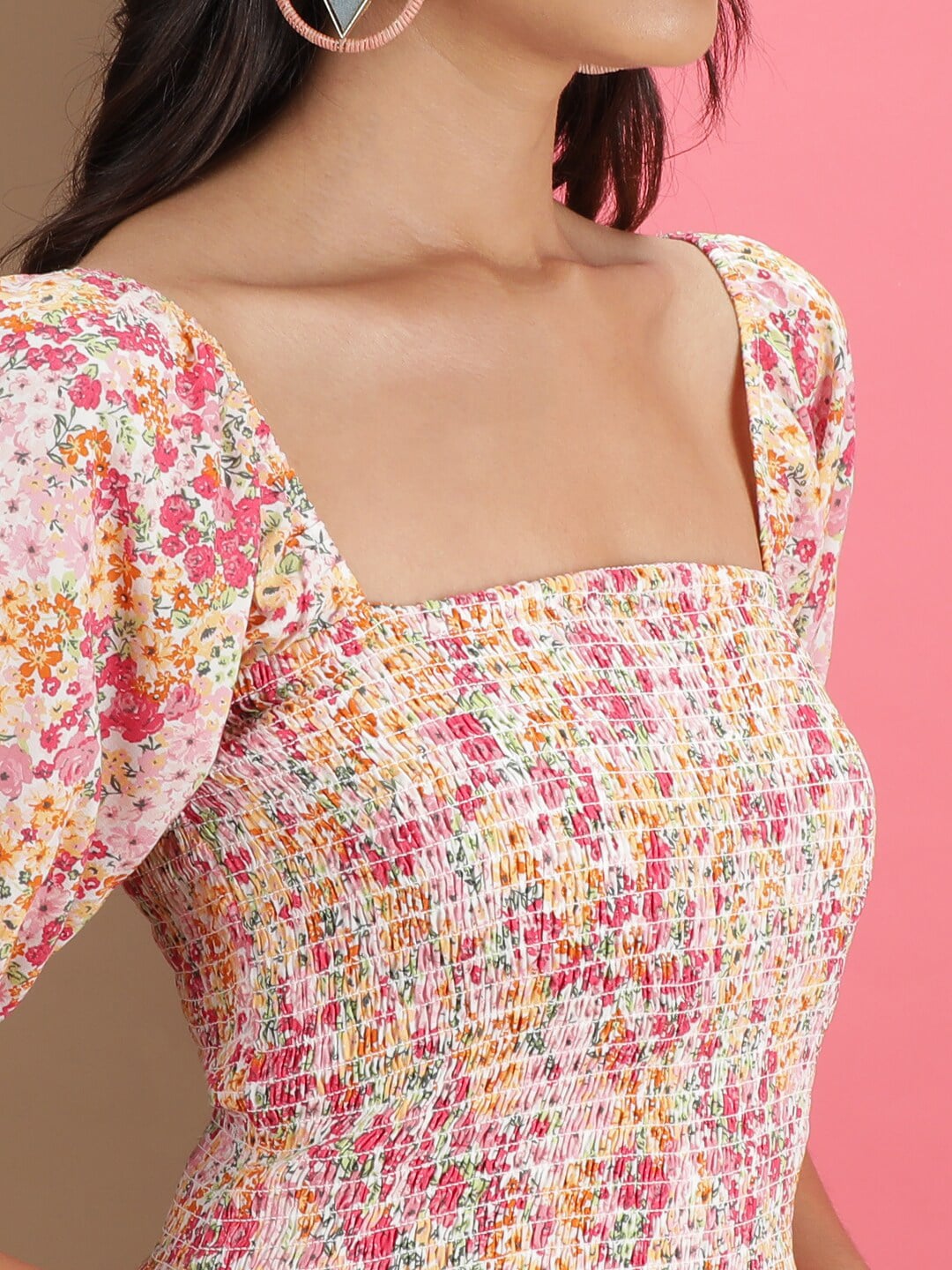 Shop Women Floral Print Square Neck Smoked Top Online.