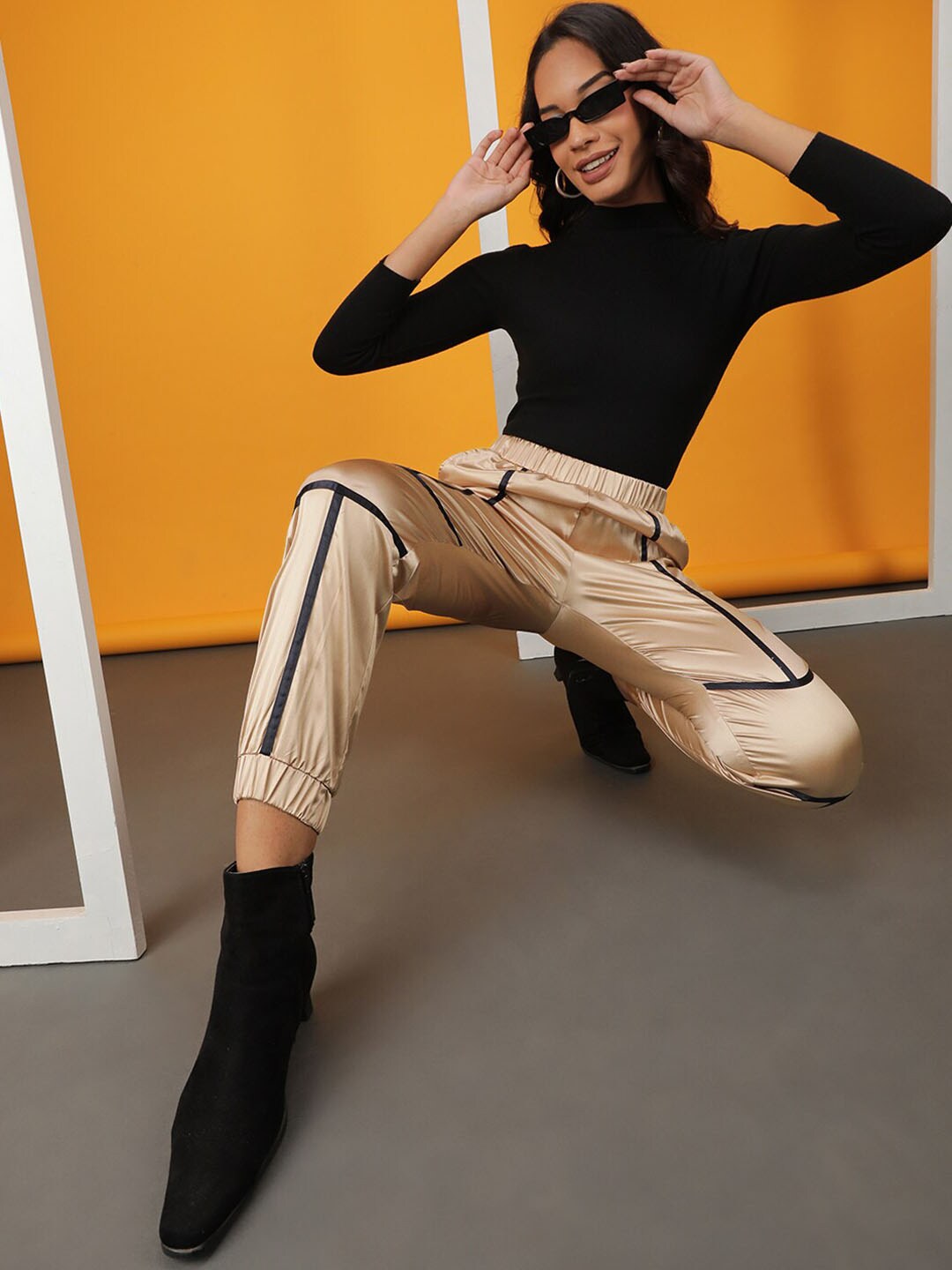 Shop Women Satin Jogger With Contrast Piping Online.