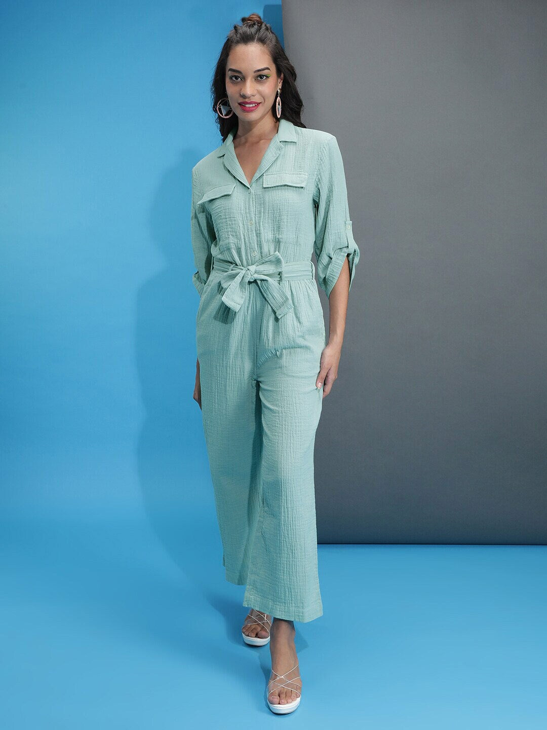 Women Solid Jumpsuit With Flap Pockets
