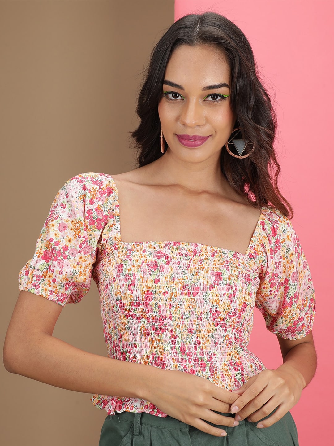 Shop Women Floral Print Square Neck Smoked Top Online.