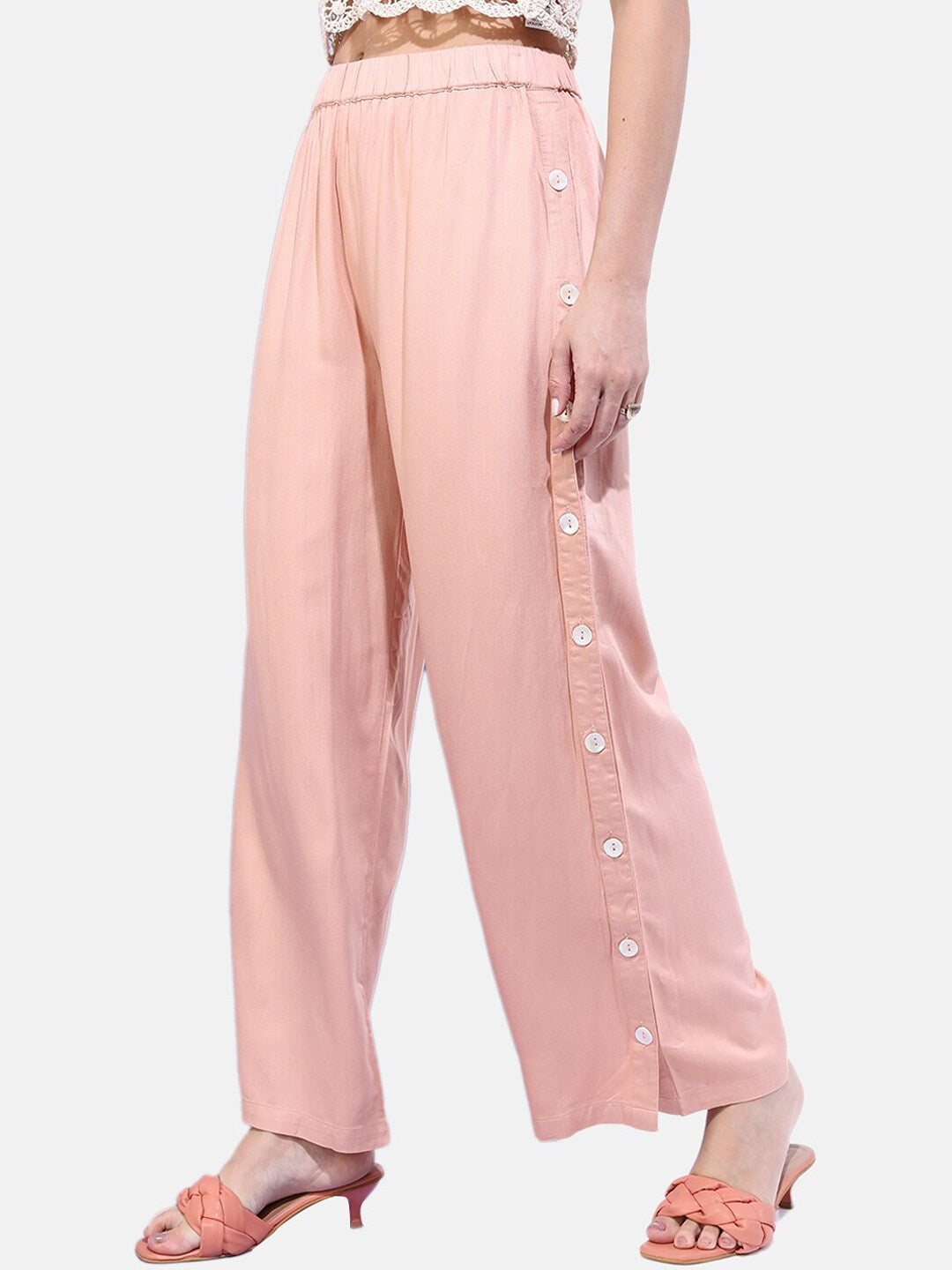 Shop Women Solid Buttoned Wide Leg Pants Online.