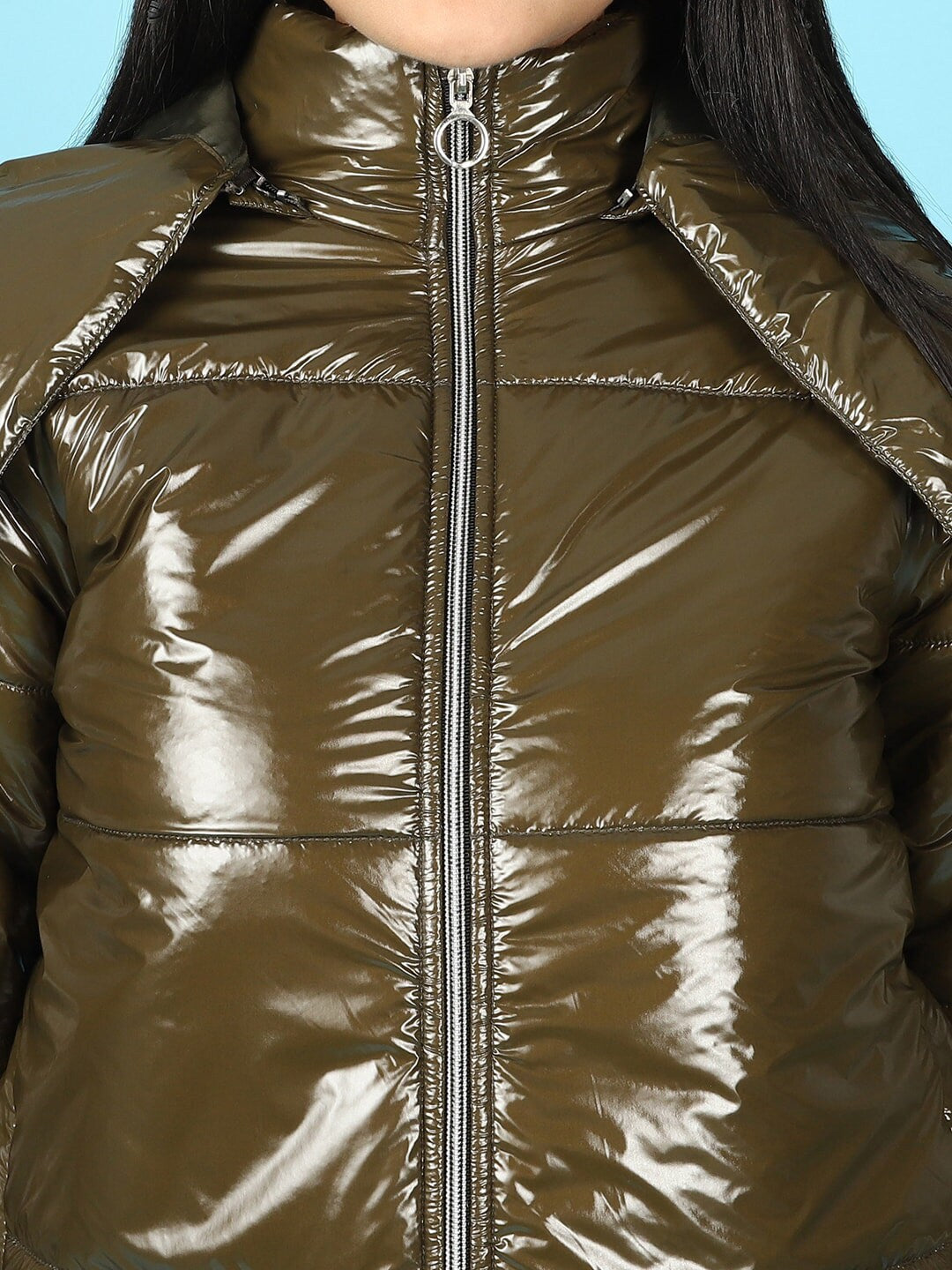 Shop Women Metallic Jacket With Detachable Hood Online.