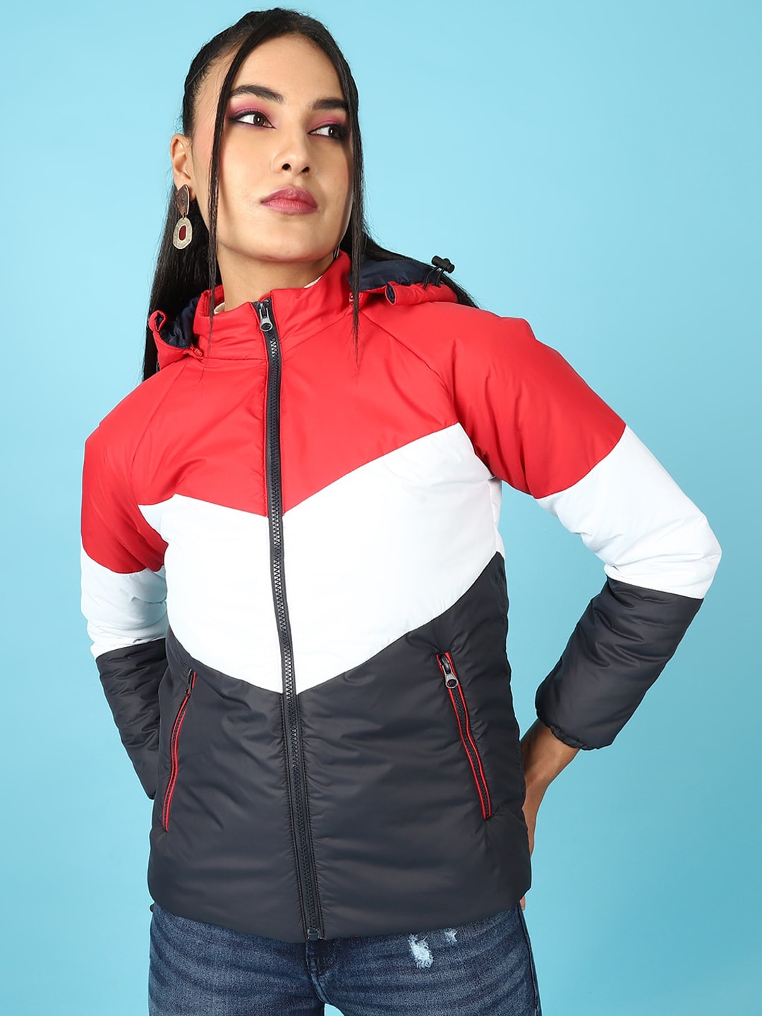 Women Colorblock Detachable Hood Jacket