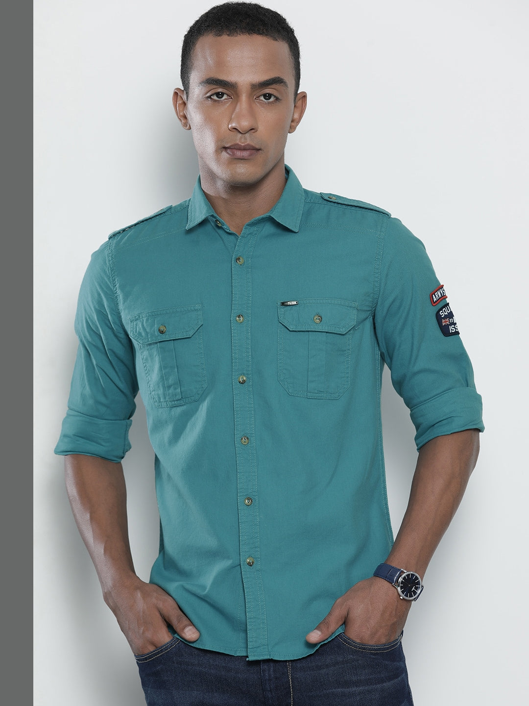 Shop The Indian Garage Co Men Sea Green Regular Opaque Solid Casual Shirt Online.