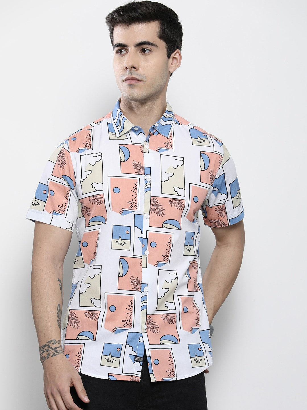 Shop The Indian Garage Co Men White Printed Cotton Casual Shirt Online.
