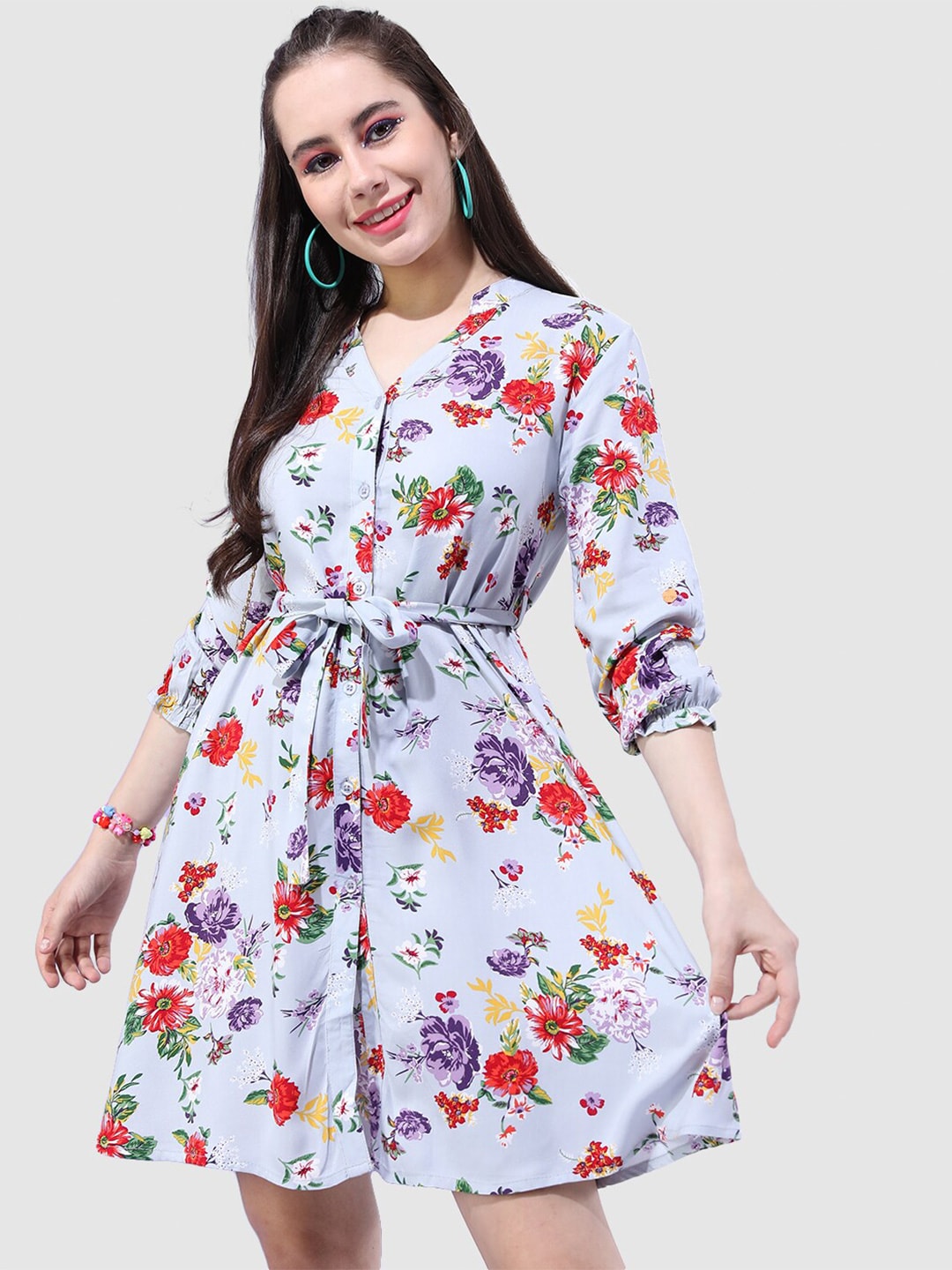 Shop Women Printed A Line Short Dress With Belt Online.